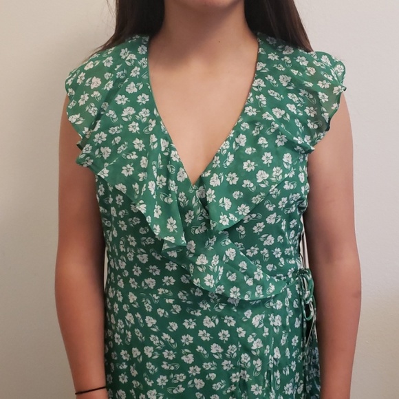 green wrap dress with white flowers